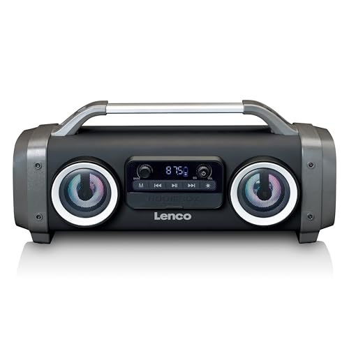 Lenco Boombox - IPX4 wasserdichte Bluetooth 5.0 Boombox - integrierter 4400mAh Akku - 25 Watt RMS - FM Radio Empfänger - Lichteffekte - Equalizer - Kabeloses Musikstreaming - Schwarz SPR-100BK von Lenco