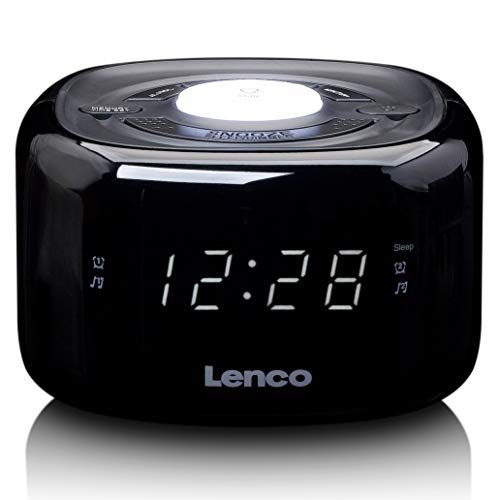 Lenco CR-12 Uhrenradio - Wecker mit Nachtlicht-Funktion - Easy Snooze - Sleep-Timer - Zwei Weckzeiten - 20 Senderspeicher - Anpassbare Helligkeitsregulierung - schwarz, 117 x 117 x 71 mm von Lenco
