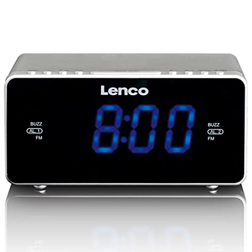 Lenco CR-520 Stereo Uhrenradio mit 2 Weckzeiten, 1,2 Zoll LED Display, dimmbar, Sleep-Timer, Schlummerfunktion, USB-Lader, silber von Lenco