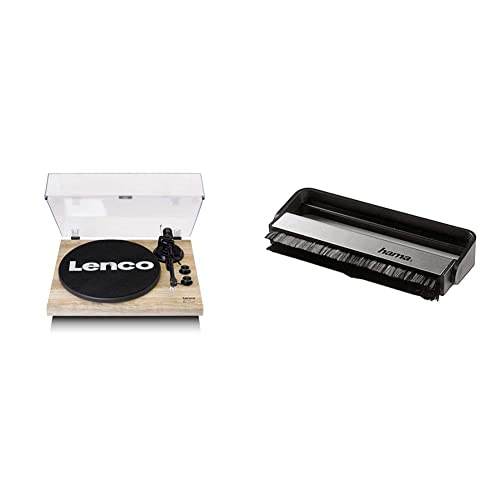 Lenco LBT-188 Plattenspieler - Bluetooth - Riemenantrieb - braun Kiefer & Hama Carbon-Faserbürste für Langspielplatten (antistatisch Schallplatten reinigen, Vinylbürste), schwarz/Silber von Lenco