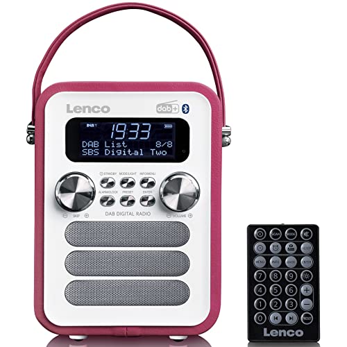 Lenco PDR-051 Tragbares DAB+ Retro Radio - PLL FM Radio mit Bluetooth - Integrierter Akku - 1800mAh - Uhr und Timer - 5 Watt RMS - Fernbedienung - Pink von Lenco