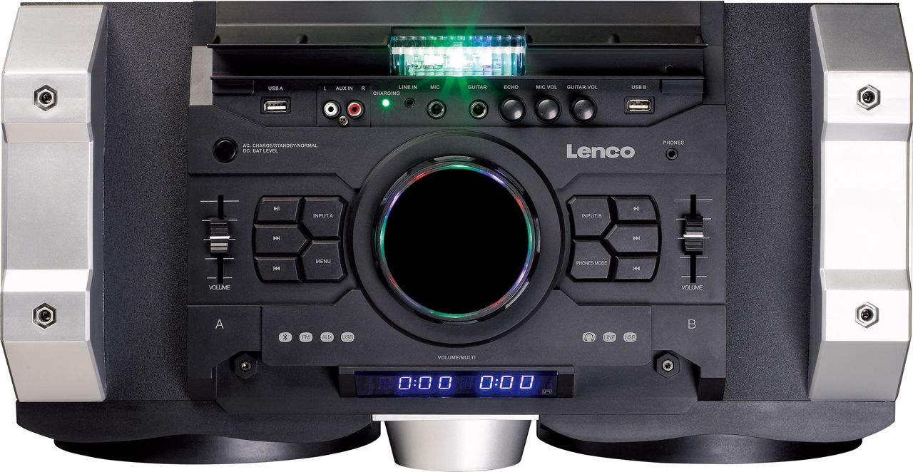 Lenco PMX-150. Produktfarbe: Blau. RMS-Leistung: 150 W, Subwoofer-Treiberdurchmesser (imperial): 16,5 cm (6.5 ). Breite: 530 mm, Tiefe: 300 mm, Höhe: 290 mm. Mitgelieferte Kabel: AC. Akku-/Batterietyp: Built-in, DC input Spannung: 12 V (PMX150) von Lenco