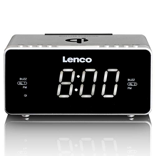 Lenco Radiowecker CR-550 mit 2 Weckzeiten 12 Zoll LED Display dimmbar Sleep-Timer Schlummerfunktion USB-und wireless Lader silber von Lenco