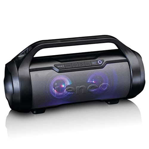 Lenco SPR-070 Boombox - IPX5 Wasserdichte Bluetooth Boombox - integrierter 3000mAh Akku - 2 x 12 Watt RMS - FM Radio Empfänger – Lichteffekte - Kabeloses Musikstreaming - Schwarz von Lenco