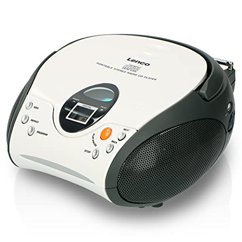 Lenco mit Auxiliary, SCD-24 SCD24 - CD-Player für Kinder - CD-Radio - Stereoanlage - Boombox - UKW Radiotuner - Titel Speicher - 2 x 1,5 W RMS-Leistung - Netz- und Batteriebetrieb - Weiß von Lenco