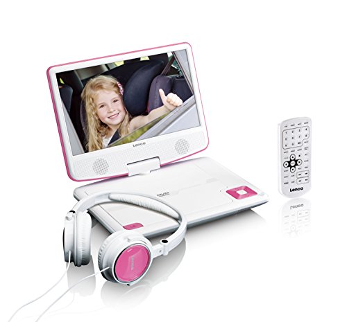 Lenco tragbarer DVD-Player DVP-910 9 Zoll (22,5 cm) mit drehbarem Display und Integriertem Akku (USB, AV-Ausgang), Netzadapter, Kopfhörer, Pink von Lenco