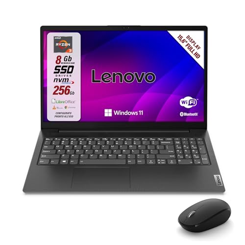 Lenovo, Laptop Notebook, Amd Ryzen 3 7Th, RAM 8 GB, SSD 256 GB, Display 15,6 Zoll FHD, Webcam, 3 USB, WLAN, HDMI, Win11 Pro, Libre Office, vorkonfiguriert und sofort einsatzbereit + kabellose Maus von Lenovo