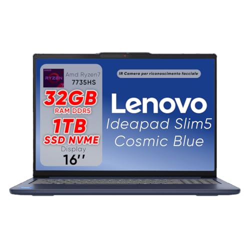 Lenovo Ideapad Slim5 Notebook, Notebook Amd Ryzen7 7735HS, 32 GB RAM DDR5, SSD 1 TB (2 x 512 GB), Display 16 Zoll WUXGA IPS FHD+, Laptop mit Win11 Pro, Wi-Fi 6, USB Thunderbolt, Tastatur mit von Lenovo