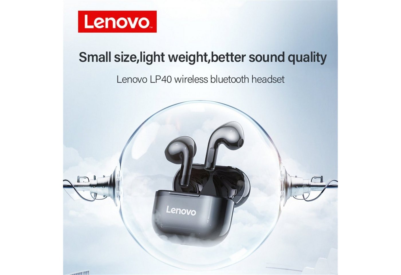 Lenovo LP40 mit Touch-Steuerung Bluetooth-Kopfhörer (True Wireless, Siri, Bluetooth 5.0, kabellos, Stereo-Ohrhörer mit 300 mAh Kopfhörer-Ladehülle - Schwarz) von Lenovo