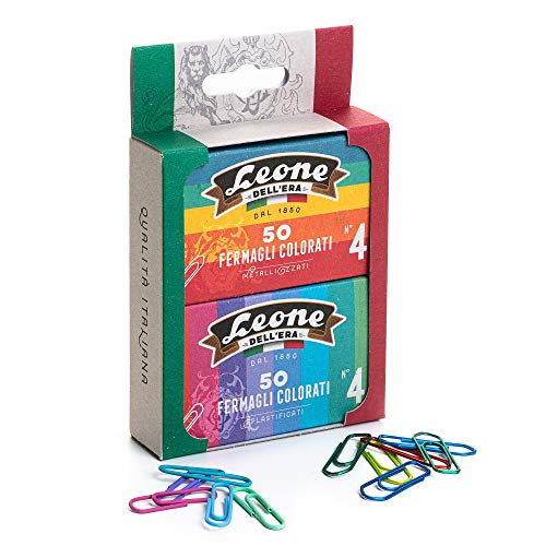 50 bunte Metallclips Nr. 4 + 50 farbige Plastikklammern Nr. 4 - Blister aus Karton mit 2 Schachteln von Leone Dell'Era