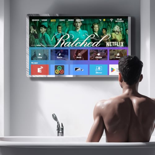 Leotachi 32-Zoll High-End-Smart-Badezimmerspiegel-TV - 4K Ultra HD, IP66 wasserdicht, Android TV, Sprachfernbedienung, integrierter ATSC-Tuner, HDMI (ARC), SPDIF, Upgrade für Ihr Badezimmer (Silber) von Leotachi