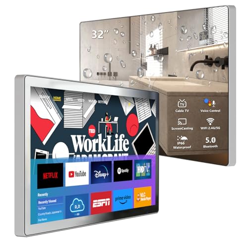 Leotachi 32-Zoll Smart Badezimmer-Spiegel-Fernseher, 4K Ultra HD, IP66 wasserdicht, Android TV, Sprachfernbedienung, integrierter ATSC-Tuner, HDMI (ARC), S/PDIF (schwarz) (schwarzer Rahmen) von Leotachi