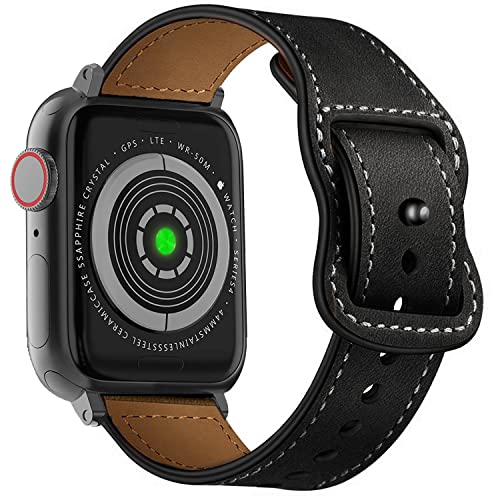 Leotop Kompatibel mit Apple Watch Armbändern 45mm 44mm 42mm Echtlederband Crazy Horse Sport Retro-Armbänder für iWatch SE Band Serie 7 6 5 4 3 2 1 Herren Damenarmband (45/44/42 mm, Schwarz) von Leotop