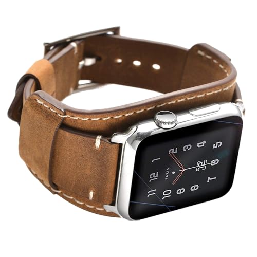 Leotop Kompatibel mit Apple Watch Armband 41mm 40mm 38mm，Echtes Leder Uhrenarmband Cuff Ersatz Armbänder mit Edelstahlschließe für iWatch Series 9/8/7/6/5/4/3/2/1 SE SE 2 (41/40/38mm, Braun) von Leotop