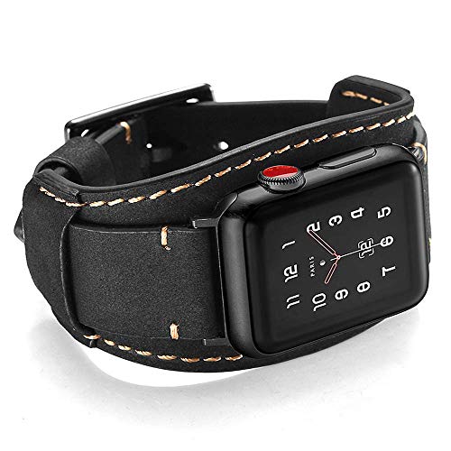 Leotop Kompatibel mit Apple Watch Armband 41mm 40mm 38mm，Echtes Leder Uhrenarmband Cuff Ersatz Armbänder mit Edelstahlschließe für iWatch Series 9/8/7/6/5/4/3/2/1 SE SE 2 (41/40/38mm, Schwarz) von Leotop