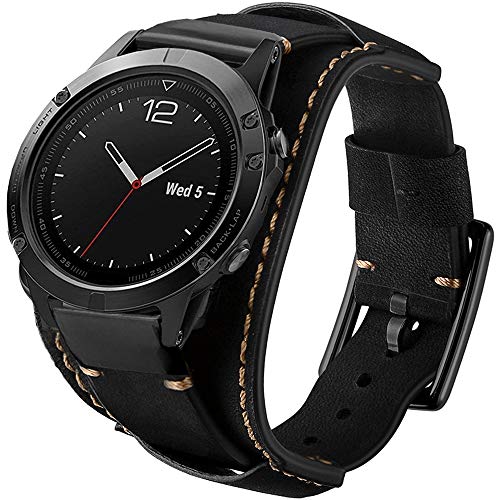 Leotop-Lederbänder Kompatibel mit Garmin Fenix 6X/6X Pro/5X/5X Plus/3/3HR/Saphir / D2/Foretrek 601/701/Quatix 3/Tactix Bravo Smartwatch, 26mm schnelles Original-Manschettenband aus Leder(Schwarz) von Leotop