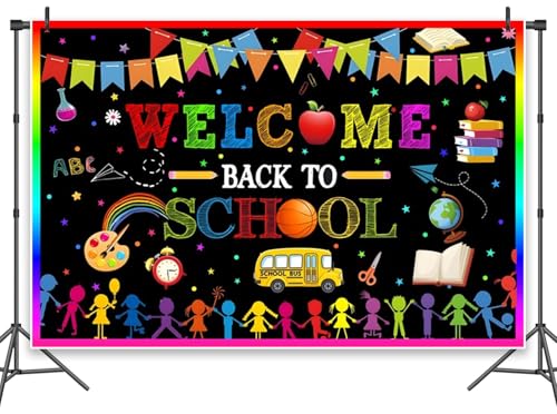 Leowefowa Fotohintergrund mit Aufschrift "Welcome Back to School", 3 x 2,4 m, Vinyl, Party-Dekorationen, schwarze bunte Flaggen, Kindergarten-Hintergrund für Fotografie, Foto-Requisiten von Leowefowa