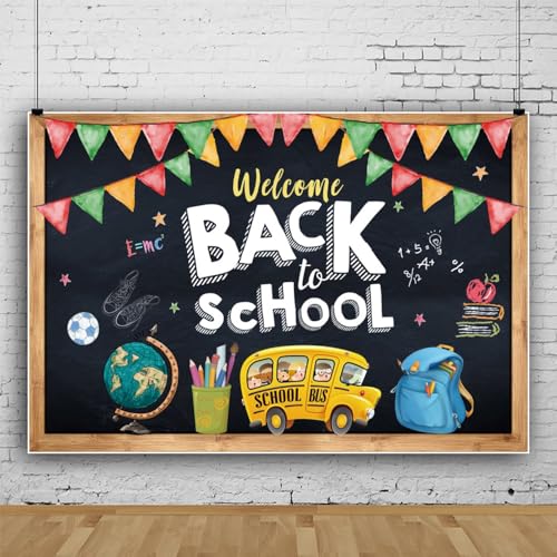 Leowefowa Fotohintergrund mit Aufschrift "Welcome Back to School", 3 x 2,4 m, Vinyl, schwarz, Kreidetafel, Globus, bunte Flaggen, Buchstifte, Bus, Fotografie, Hintergrund für Schule, Party, Dekoration Leowefowa Fotohintergrund mit Aufschrift "Welcome Back to School", 3 x 2,4 m, Vinyl, schwarz, Kreidetafel, Globus, bunte Flaggen, Buchstifte, Bus, Fotografie, Hintergrund für Schule, Party, Dekoration von Leowefowa