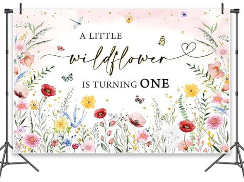 Leowefowa Fotohintergrund mit Wildblumen-Motiv, 3 x 2,4 m, Vinyl, Motiv: "A Little Wildflower is Turning One", für Babypartys, Party-Dekorationen, Hintergründe für Neugeborene, Mädchen, Fotoshootings von Leowefowa