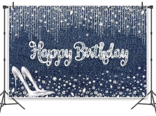 Leowefowa Happy Birthday-Banner, 3 x 2,4 m, Vinyl, blaue Jeans, Diamant-Hintergrund für Fotoshooting, silberfarbene Absätze, Bild-Hintergrund für Mädchen, Geburtstagsparty, Banner, Dekoration, Zubehör Leowefowa Happy Birthday-Banner, 3 x 2,4 m, Vinyl, blaue Jeans, Diamant-Hintergrund für Fotoshooting, silberfarbene Absätze, Bild-Hintergrund für Mädchen, Geburtstagsparty, Banner, Dekoration, Zubehör von Leowefowa