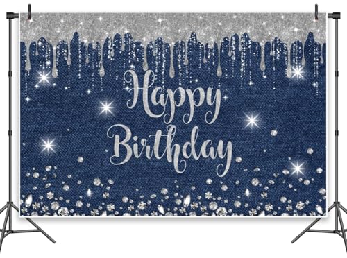 Leowefowa Happy Birthday-Banner, 3 x 2,4 m, Vinyl, blaue Jeans, Diamant-Hintergrund für Fotoshooting, silberner Bild-Hintergrund für Mädchen, Geburtstagsparty, Banner, Dekoration, Zubehör Leowefowa Happy Birthday-Banner, 3 x 2,4 m, Vinyl, blaue Jeans, Diamant-Hintergrund für Fotoshooting, silberner Bild-Hintergrund für Mädchen, Geburtstagsparty, Banner, Dekoration, Zubehör von Leowefowa