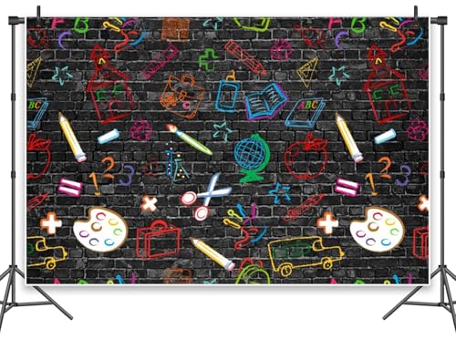 Leowefowa Schulanfangs-Dekorationen, 3 x 2,4 m, Vinyl-Bild-Hintergrund, handbemalt auf schwarzer Ziegelwand, Hintergrund für Fotografie, Klassenkameraden, Lehrer, Studenten, Kinder, Hintergrund zum von Leowefowa