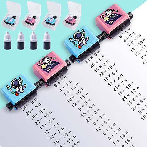 Mathe Stempel Roller 4 Stück Roller Digitaler Lehrstempel Additions und Subtraktions Arithmetik Rolle Stempel für Kinder Rechenstempel für Innerhalb von 100 Fragen zur Mathematikübung (A+B) von Lergas