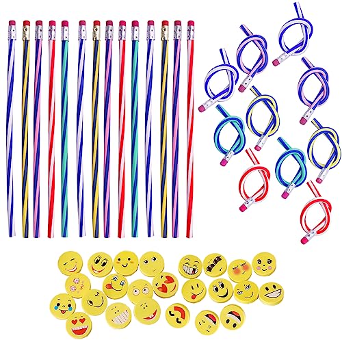 Lerodite 48 Stück flexible Bleistifte und Radiergummis Smile Emoji Set, Bleistifte für Kinder und Radiergummi für Kinder, für Klassenzimmer, Geschenke für Mädchen, Schule für P von Lerodite