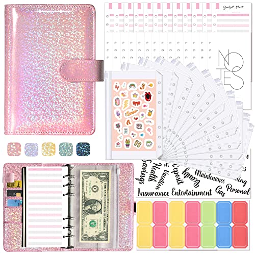 A6 Budget Binder,44PCS Geld Ring Binder,6-Ring Binder,PU Dokumentenhalter mit transparenten Umschlägen,für Student Büro Schule Budget Cash Organizer Geld sparen (Rosa) von Les-Theresa