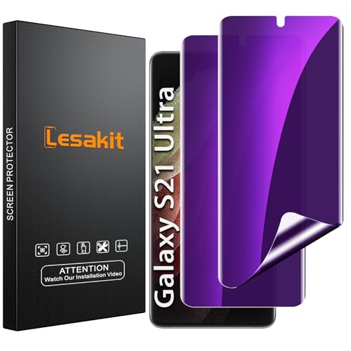 Lesakit 2 Stück Anti-Blaulicht Sichtschutz Schutzfolie für Samsung Galaxy S21 Ultra, Blasenfreie Weich TPU Folie, Anti-Kratzen, Kompatibel Fingerabdruck-ID, Anti Spähen von Lesakit