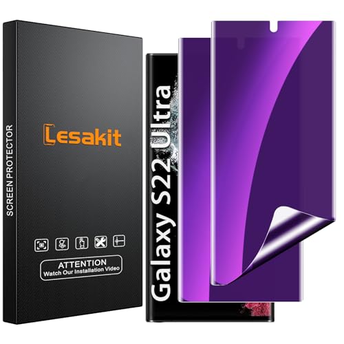 Lesakit 2 Stück Anti-Blaulicht Sichtschutz Schutzfolie für Samsung Galaxy S22 Ultra, Blasenfreie Weich TPU Folie, Anti-Kratzen, Kompatibel Fingerabdruck-ID, Anti Spähen von Lesakit