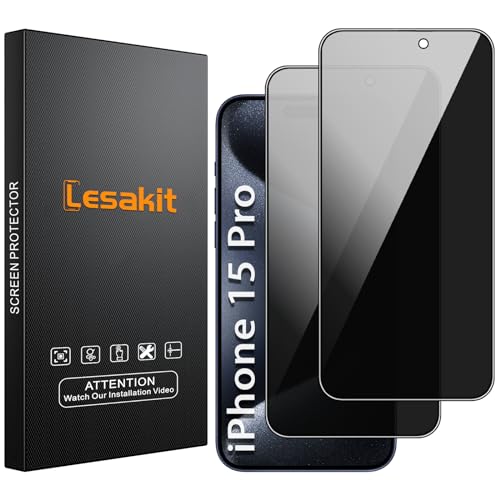 Lesakit 2 Stück Sichtschutz für iPhone 15 Pro 6,1 Zoll, Anti-Spy Panzer Schutz Glas Folie Schutzfolie, 9H Härte Blasenfrei Einfache Installation von Lesakit
