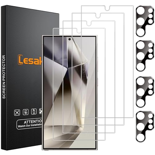 Lesakit [4+4 Stück Panzer Schutz Glas für Samsung Galaxy S24 Ultra, 4 Stück Schutzfolie und 4 Stück Kameraschutz, 9H Härte Panzerfolie, Anti-Kratzr Glasfolie, HD Displayschutz von Lesakit