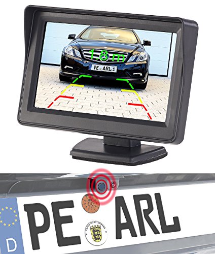 Lescars Einparkhilfe Kamera: Farb-Rückfahrkamera und Einparkhilfe mit 10,9-cm-TFT-Rückfahrmonitor (PDC, Rückfahrkamera mit Monitor, Kennzeichenhalter) von Lescars