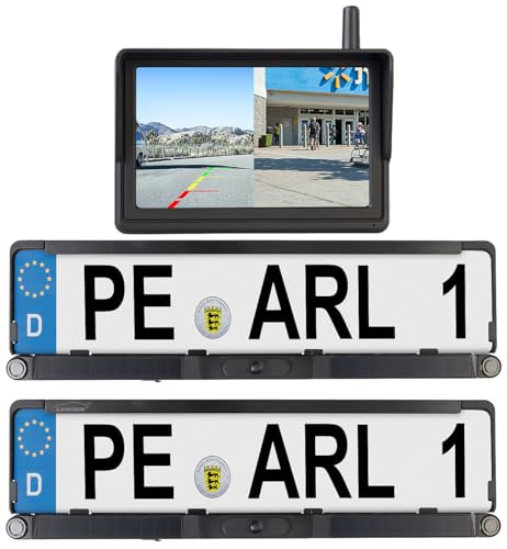 Lescars Einparkhilfe: Solar-Funk-HD-Front- & Rückfahrcam, Splitscreen-Monitor Abstandswarner (Parkhilfe, Front und Rückfahrkamera, Auto) von Lescars