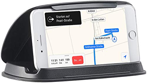 Lescars Handyhalter Kfz: Universal-Mobilgeräte-Halterung fürs Armaturenbrett, bis 11,5cm Breite (Smartphone Halter Auto, Halterung für Navi, Navigationsgerät) von Lescars