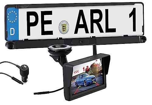 Lescars Nummernschildkamera: Funk-HD-Rückfahrkamera in Nummernschildhalter, Monitor, Abstandswarner (Rückfahrkameras, Parksensor, Lautsprecher) von Lescars