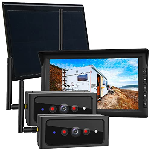 Lescars Rückkamera: 2in1-Solar-Funk-Rückfahrkamera-& Überwachungs-Set & Erweiterungskamera (Solar-Rückfahrkamera mit Monitor, mit Solarpanel, Parkplatz) von Lescars