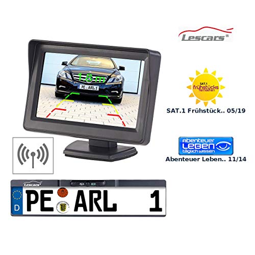 Lescars Auto Funk Rückfahrkamera: Funk-Rückfahr-Kamera im Nummernschild-Halter mit 10,9-cm-TFT-Monitor (Funk Rückfahrkamera Komplettsystem, Rückfahrkamera Funk Nummernschild) von Lescars