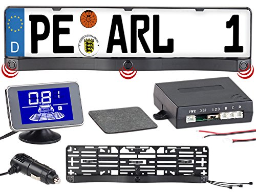 Lescars Rückfahrwarner: Funk-Ultraschall-Einparkhilfe in Kennzeichen-Halter, mit LCD-Display (Einparkhilfe ohne Bohren, Einparkhilfe vorne ohne Bohren) von Lescars