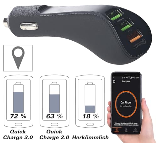 Lescars Handy Zubehör: 3-Port-Kfz-USB-Ladegerät, QC 3.0, Standortmarker, Bluetooth, 12/24 V (USB Ladegerät Auto, Kfz Ladegerät 12V, Apple iPhone Ladekabel) von Lescars