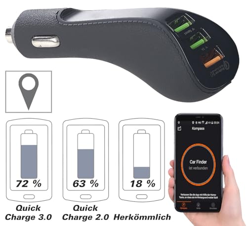 Lescars USB Ladegerät Auto: 3-Port-Kfz-USB-Ladegerät, QC 3.0, Standortmarker, Bluetooth, 12/24 V (Kfz USB Ladegerät Kompatibel mit Samsung, Universal-Kfz-USB-Ladegerät, Apple iPhone Ladekabel) von Lescars