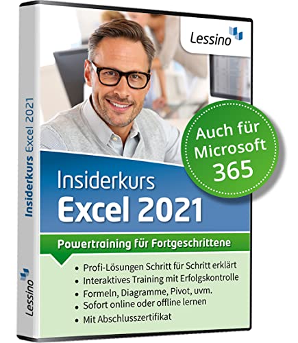 Excel 2021 Insiderkurs - Powertraining für Fortgeschrittene | Lernen Sie Diagramme, Pivot, Formeln und Funktionen effizent zu nutzen | auch Excel 365 geeignet | Online-Kurs + DVD [1 Nutzer-Lizenz] von Lessino