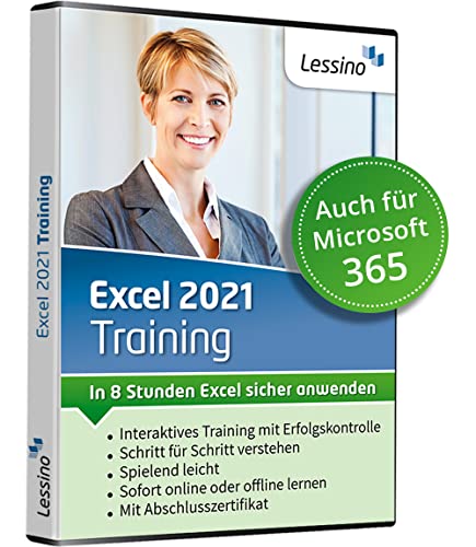 Excel 2021 Training - In 8 Stunden Excel sicher anwenden | Lernen Sie in diesem Kurs Schritt für Schritt die Grundlagen von Excel 2021 bzw. Excel 365| Online-Kurs + DVD von Lessino [1 Nutzer-Lizenz] von Lessino