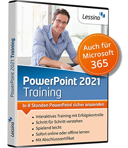 PowerPoint 2021 Training - In 8 Stunden PowerPoint sicher anwenden | Einsteiger und Auffrischer lernen mit diesem Kurs Schritt für Schritt PowerPoint 2021 bzw. 365| Online-Kurs + DVD [1 Nutzer-Lizenz] von Lessino