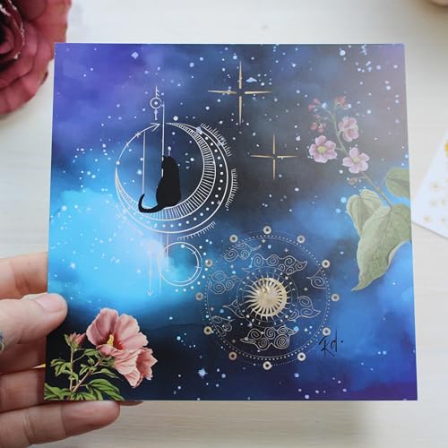 Let&Ro Postkarte Sternenhimmel mit Mondkatze, inkl. Briefumschlag, 14,8x14,8 cm | Grußkarte | Frühling | Esoterik | Spiritualität | Magisch | Mond und Sterne | Katze mit Mond von Let&Ro