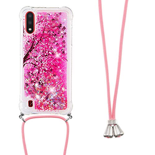 Leton-IT Handykette Hülle für Samsung Galaxy A10 Glitzer Flüssig Treibsand Handyhülle Samsung A10 Umhängeband Handykordel Transparent Silikon TPU Necklace Case Rosa von Leton-IT