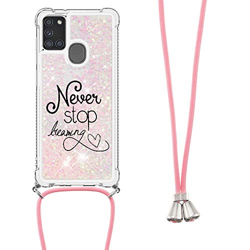 Leton-IT Handykette Hülle für Samsung Galaxy M31/M21 Glitzer Flüssig Treibsand Handyhülle Samsung M31 Umhängeband Handykordel Transparent Silikon TPU Necklace Case Rosa von Leton-IT