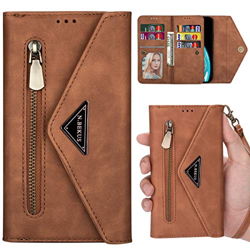 Leton-IT Hülle Redmi Note 8 pro Leder, Flip Ständer PU Magnetisch Handyhülle für Redmi Note 8 pro Schutzhülle mit 7 Kreditkarte Slots und 3 Geldtasche Brieftasche Case Cover Lanyard Braun von Leton-IT