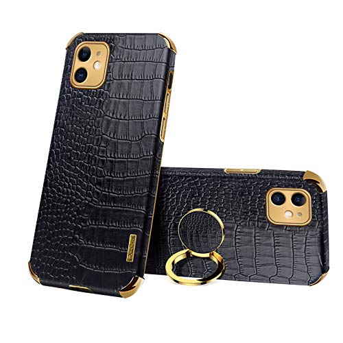 Leton-IT Hülle für iPhone 11 mit 360° Drehbarem Ring Magnetische Lederhülle PU Weichem Case iPhone 11 Handyhülle Silikon Gel Slim Leder Ring Halter Ständer Hülle Schwarz von Leton-IT